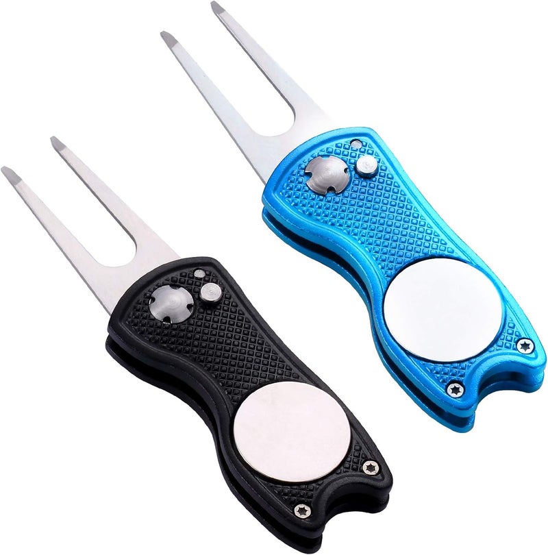 Fpxnb 2 Pack Metal Foldable Golf Divot Tool with Pop-up Button & Magnetic Ball Marker (Pack of 2, Fish Design) - Image 1
